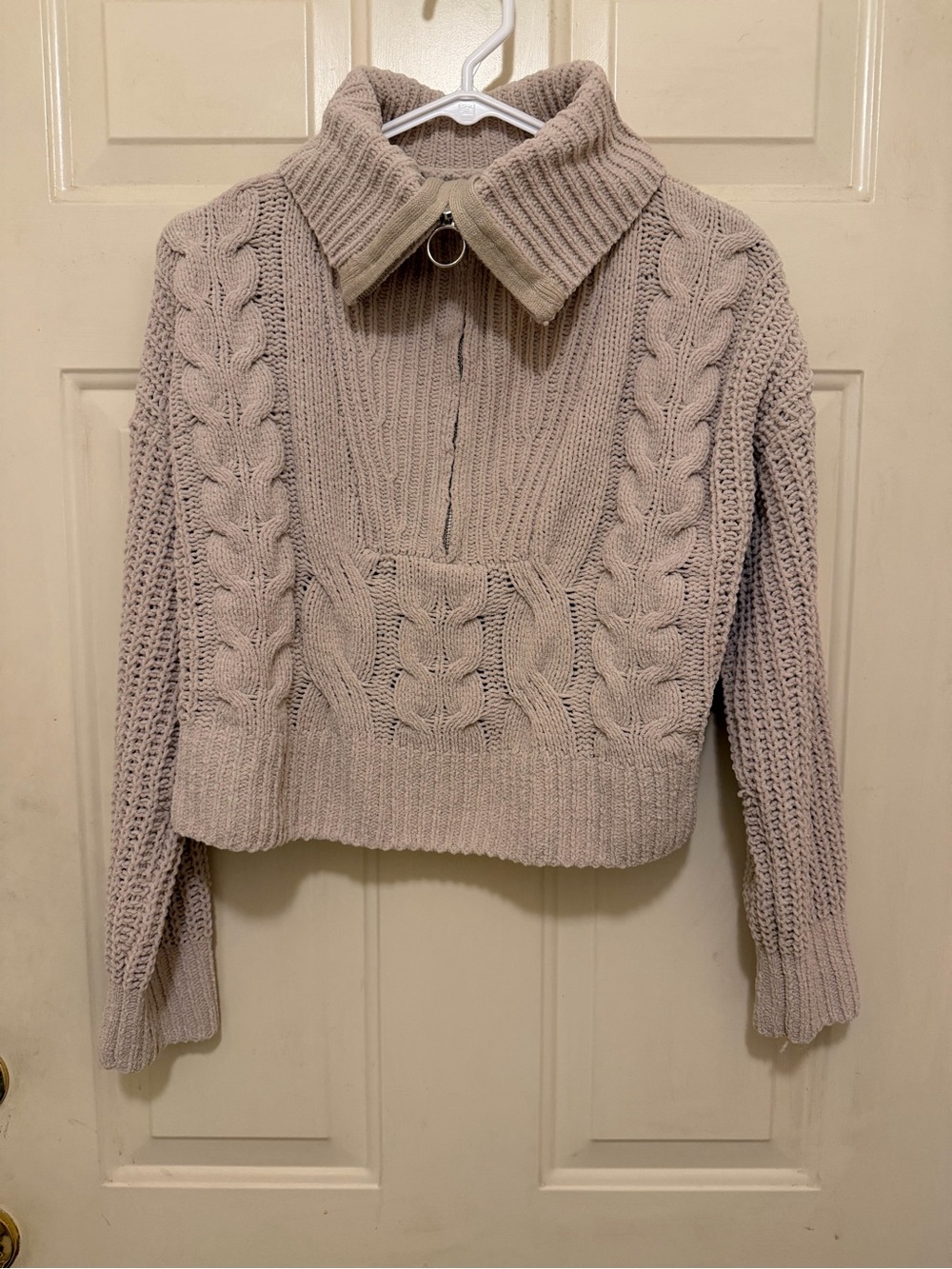 Pink Rose Cropped Cable-Knit Zip Turtleneck Sweater in Light Taupe